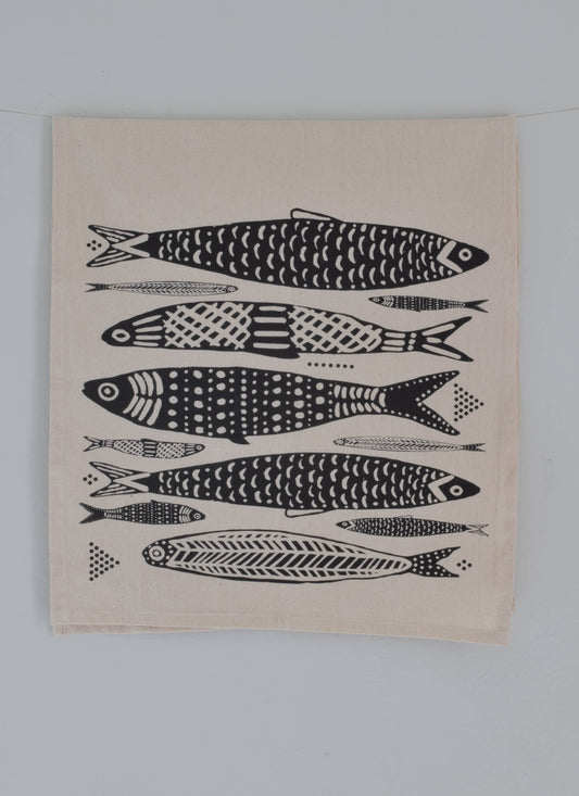 Hearth and Harrow - Sardines Tea Towel in Black - Organic Cotton - Fish Print - PMA Store at the Portland Museum of Art, Maine