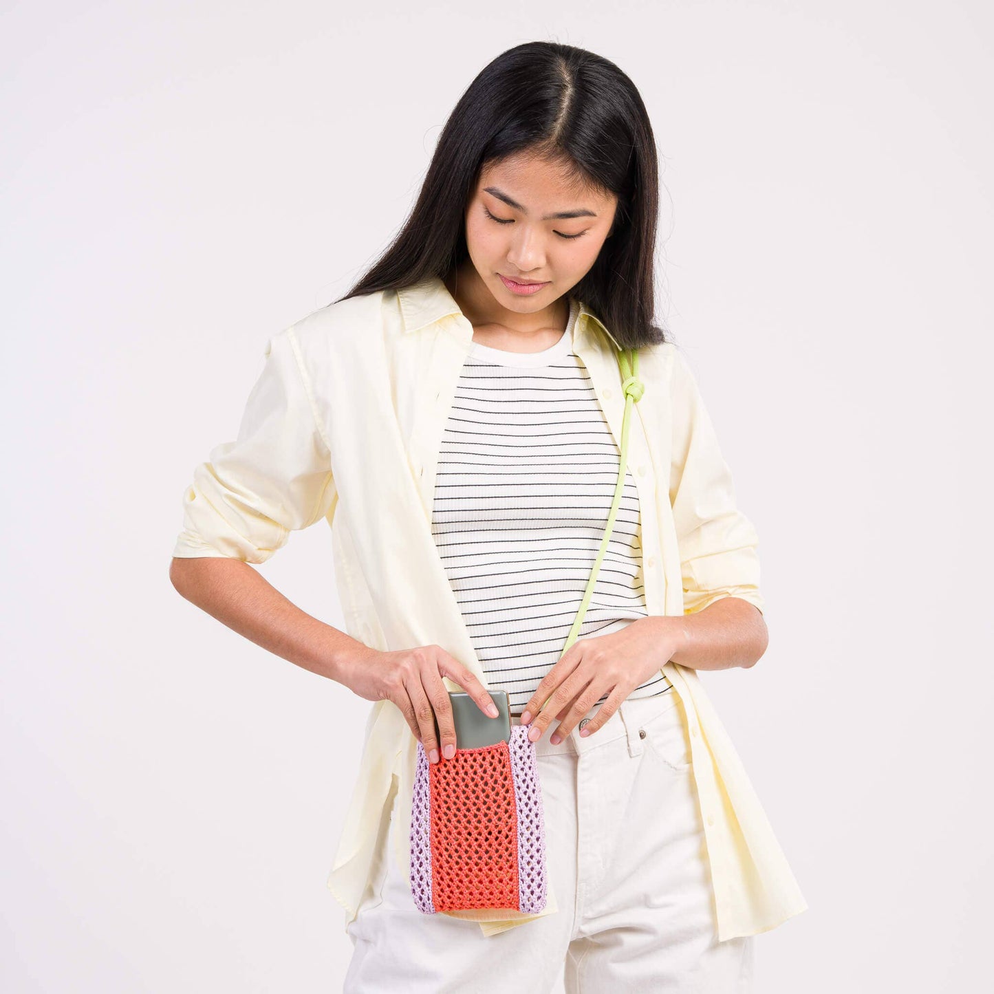 Raffia Phone Sling: Golden Olive Pink - PMA Store at the Portland Museum of Art, Maine