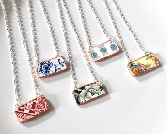 Broken Plate Rectangle Necklace : Mixed Patterns / White Edge (no paint) - PMA Store at the Portland Museum of Art, Maine