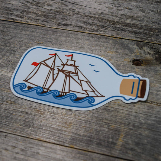 Quiet Tide Goods - Ship in a Bottle Vinyl Sticker - PMA Store at the Portland Museum of Art, Maine
