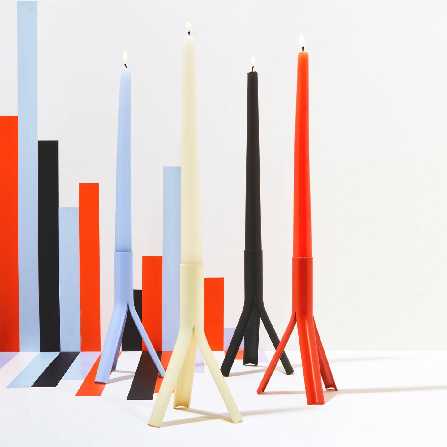 54 Celsius - Taper Candles (4 Pack) + Steel Rocket Holder, Lavender - PMA Store at the Portland Museum of Art, Maine
