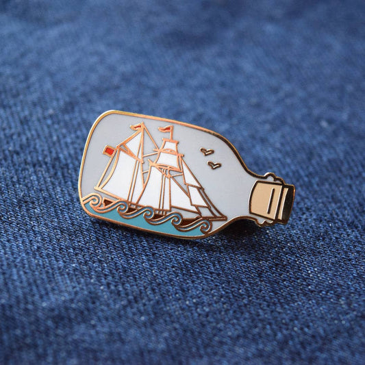 Quiet Tide Goods - Ship in a Bottle Enamel Pin - PMA Store at the Portland Museum of Art, Maine