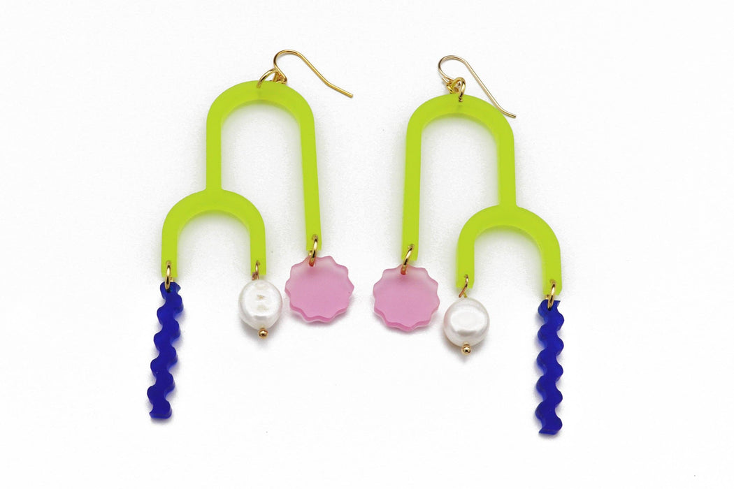 Double Arch Earrings - Frost Chartreuse: Cobalt-Pink