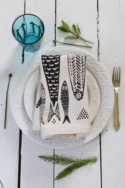 Hearth and Harrow - Sardines Tea Towel in Black - Organic Cotton - Fish Print - PMA Store at the Portland Museum of Art, Maine