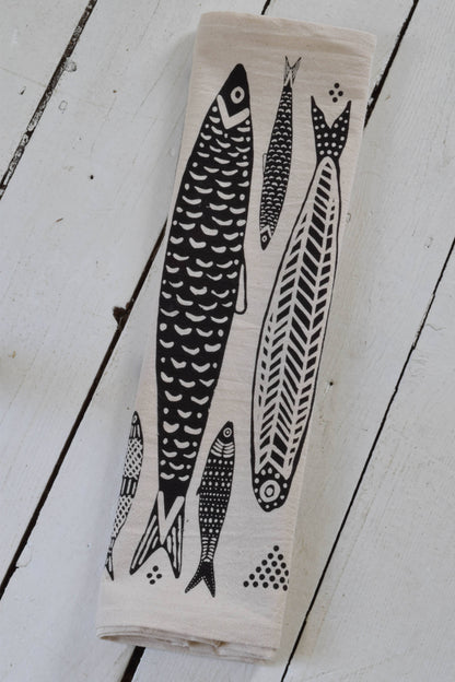 Hearth and Harrow - Sardines Tea Towel in Black - Organic Cotton - Fish Print - PMA Store at the Portland Museum of Art, Maine