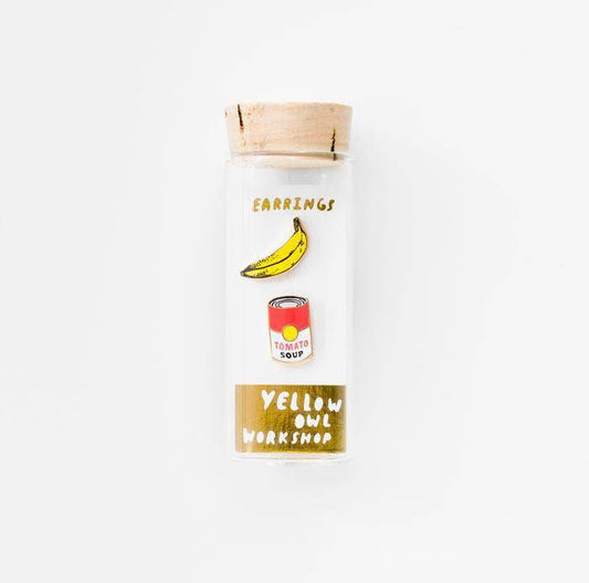 Yellow Owl Workshop - Pop Art Banana and Soup Earrings - Gold Museum Artsy Studs - PMA Store at the Portland Museum of Art, Maine