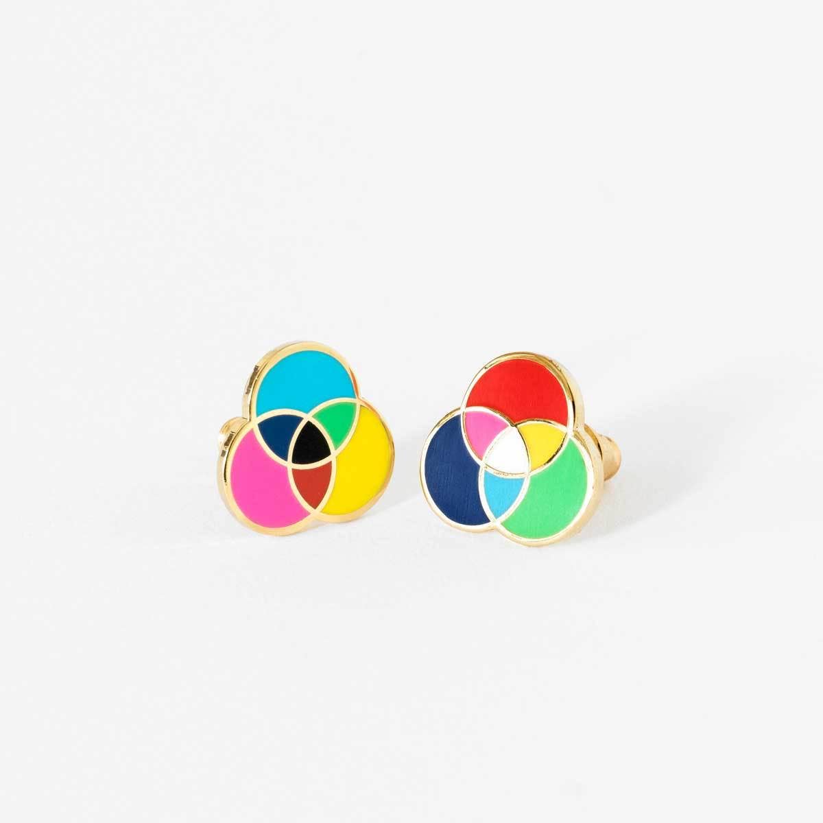 Yellow Owl Workshop - RGB and CMYK Earrings - Gold Colorful Artist Statement Studs - PMA Store at the Portland Museum of Art, Maine