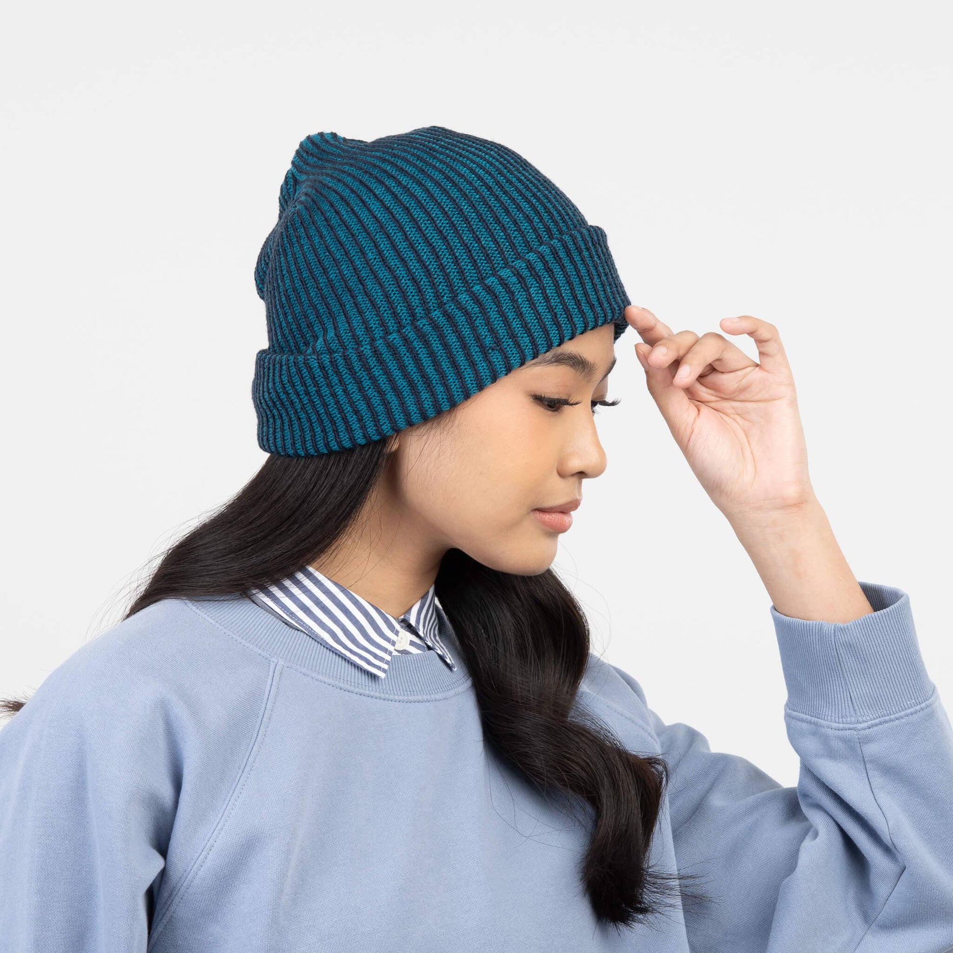 Simple Rib Knit Beanie: Golden Olive Navy - PMA Store at the Portland Museum of Art, Maine