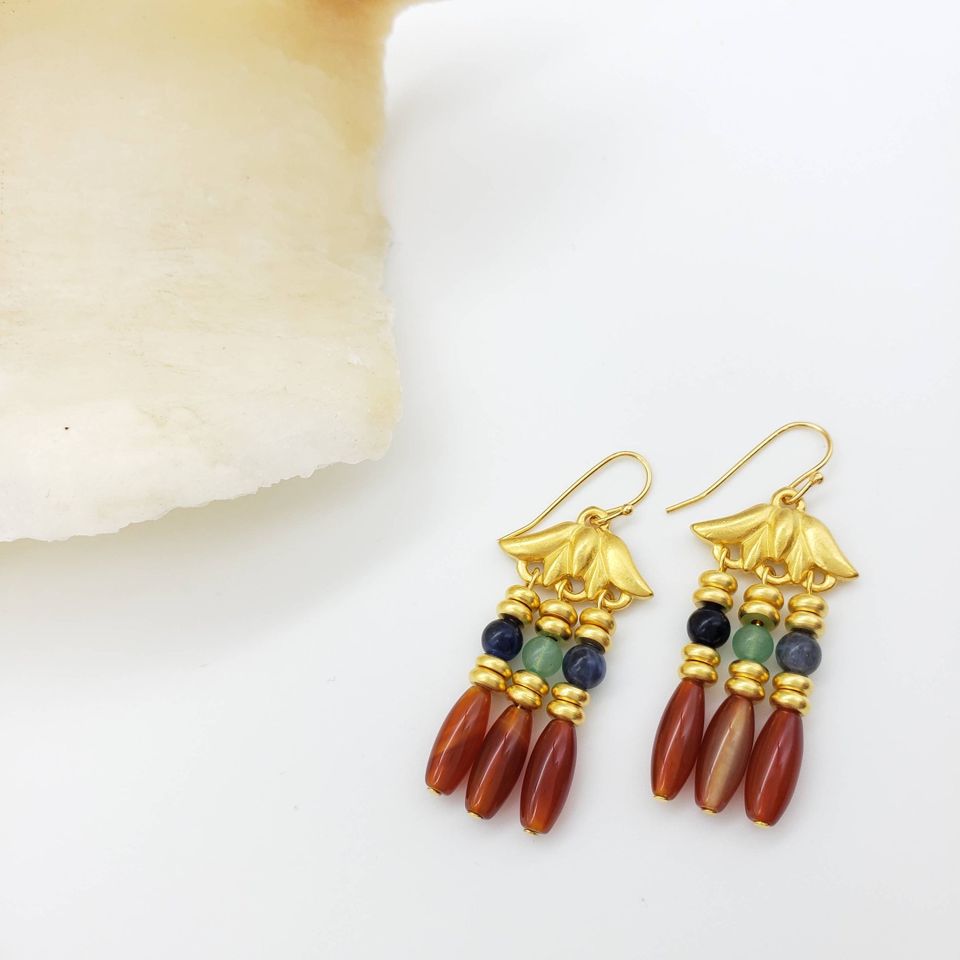 Lotus Triple Drop Gemstone Earrings - Egyptian Inspired - PMA Store at the Portland Museum of Art, Maine