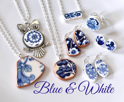 The Broken Plate Pendant Co - Broken Plate Dangle Earring  - Shard Shape: Blue and White Only / White Edge (no paint) - PMA Store at the Portland Museum of Art, Maine