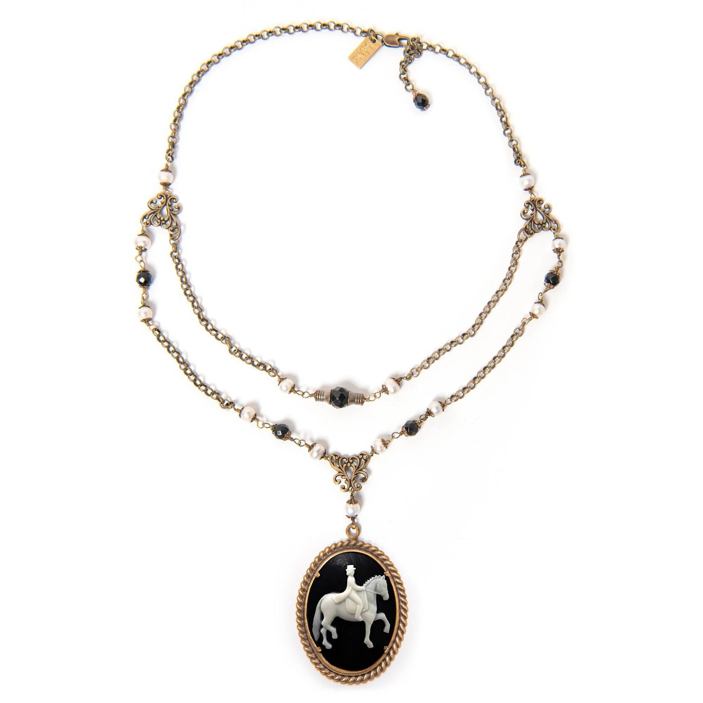 NoMonet - Dedicated Equestrian: Elegant Dressage Cameo Necklace: Antique Golden Brass - PMA Store at the Portland Museum of Art, Maine