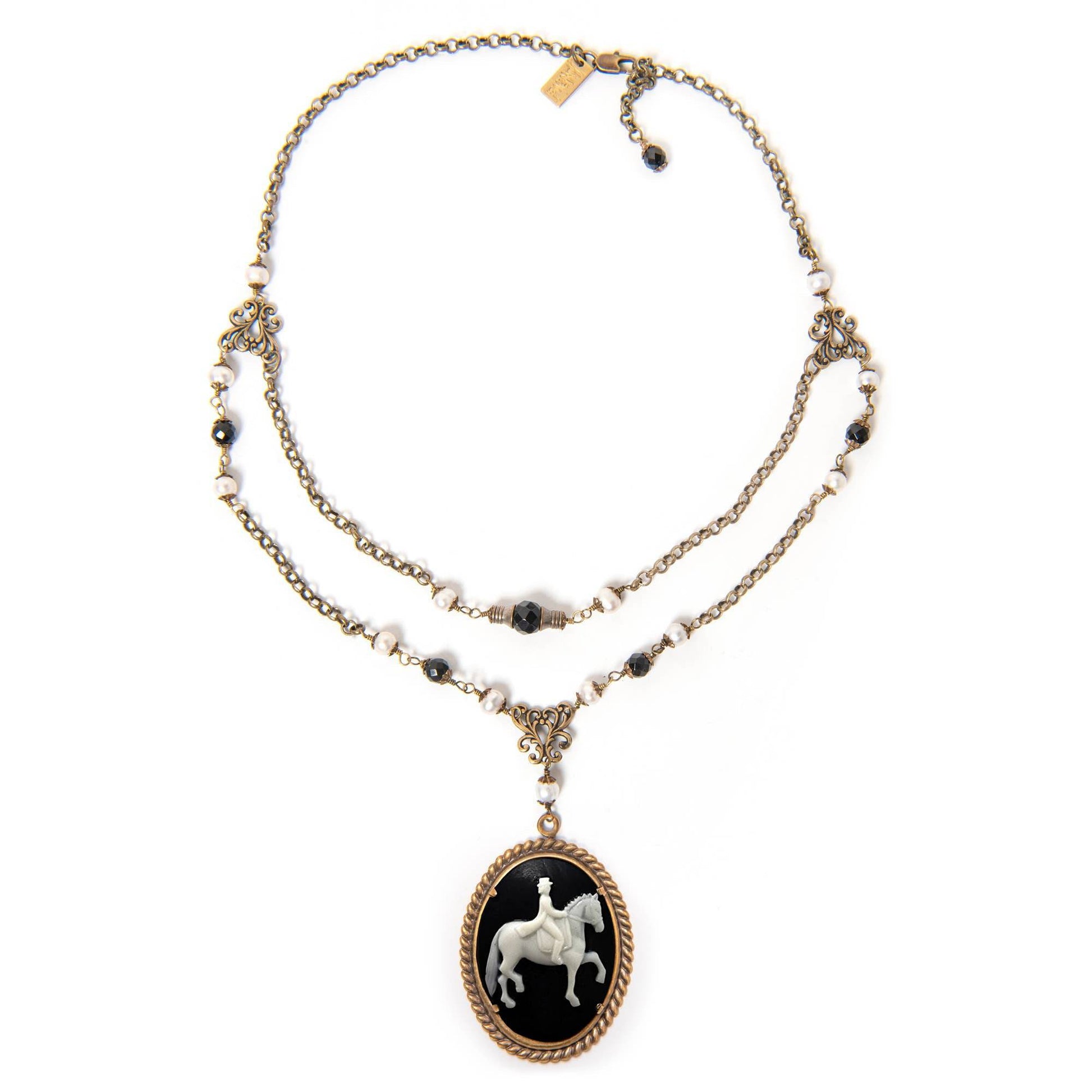NoMonet - Dedicated Equestrian: Elegant Dressage Cameo Necklace: Antique Golden Brass - PMA Store at the Portland Museum of Art, Maine