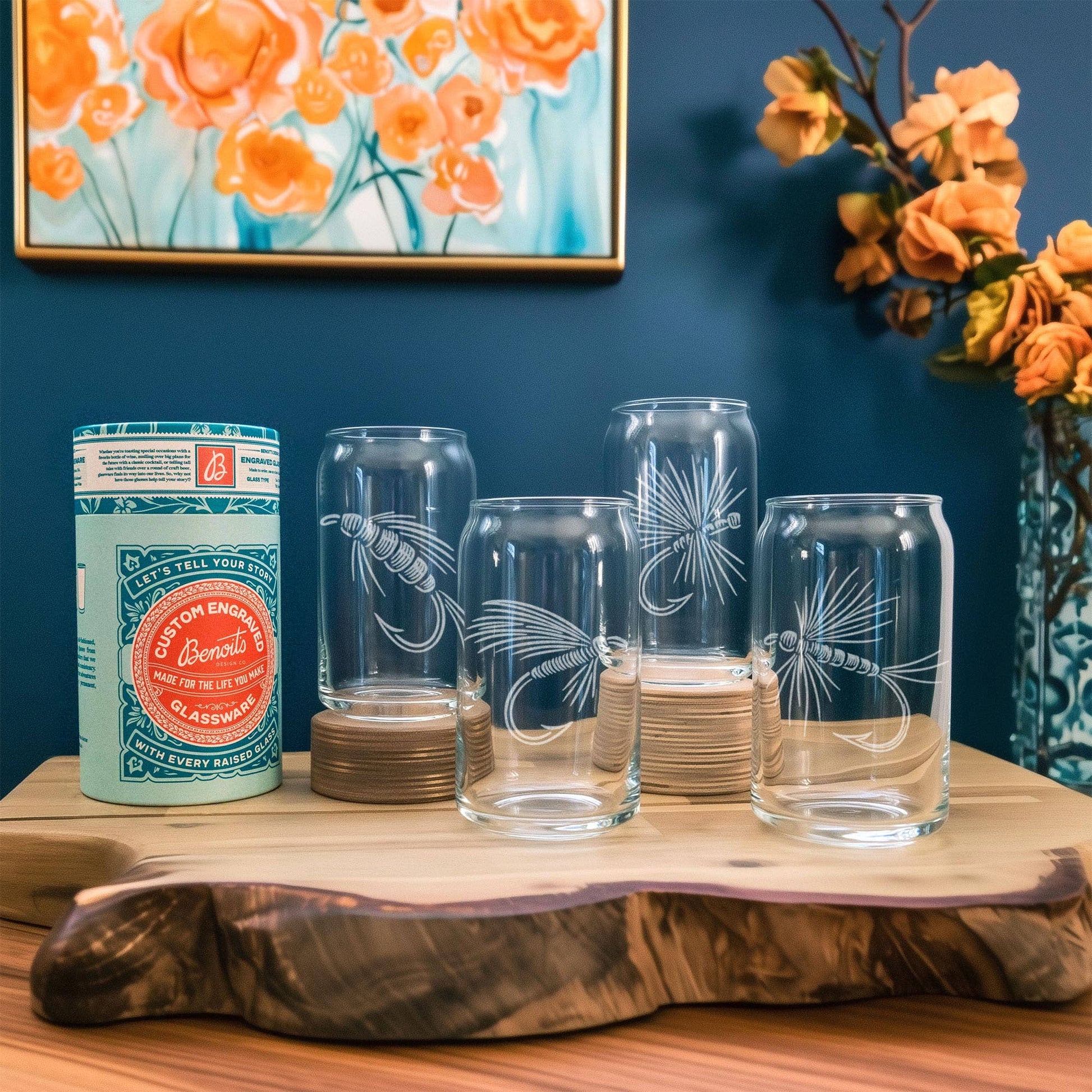 Benoit's Design Co. - Fly Fishing Flies Drinking Glasses (Set of 4): Set of 4 / Pint ~16 oz - PMA Store at the Portland Museum of Art, Maine