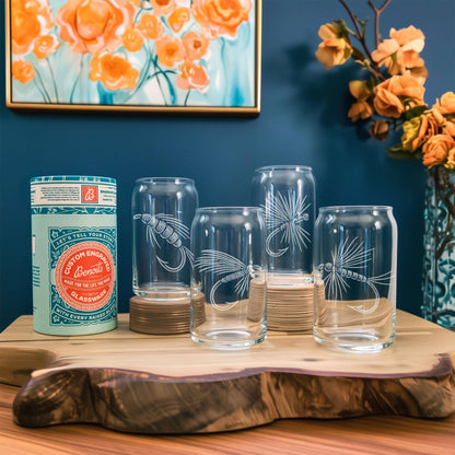 Benoit's Design Co. - Fly Fishing Flies Drinking Glasses (Set of 4): Set of 4 / Pint ~16 oz - PMA Store at the Portland Museum of Art, Maine