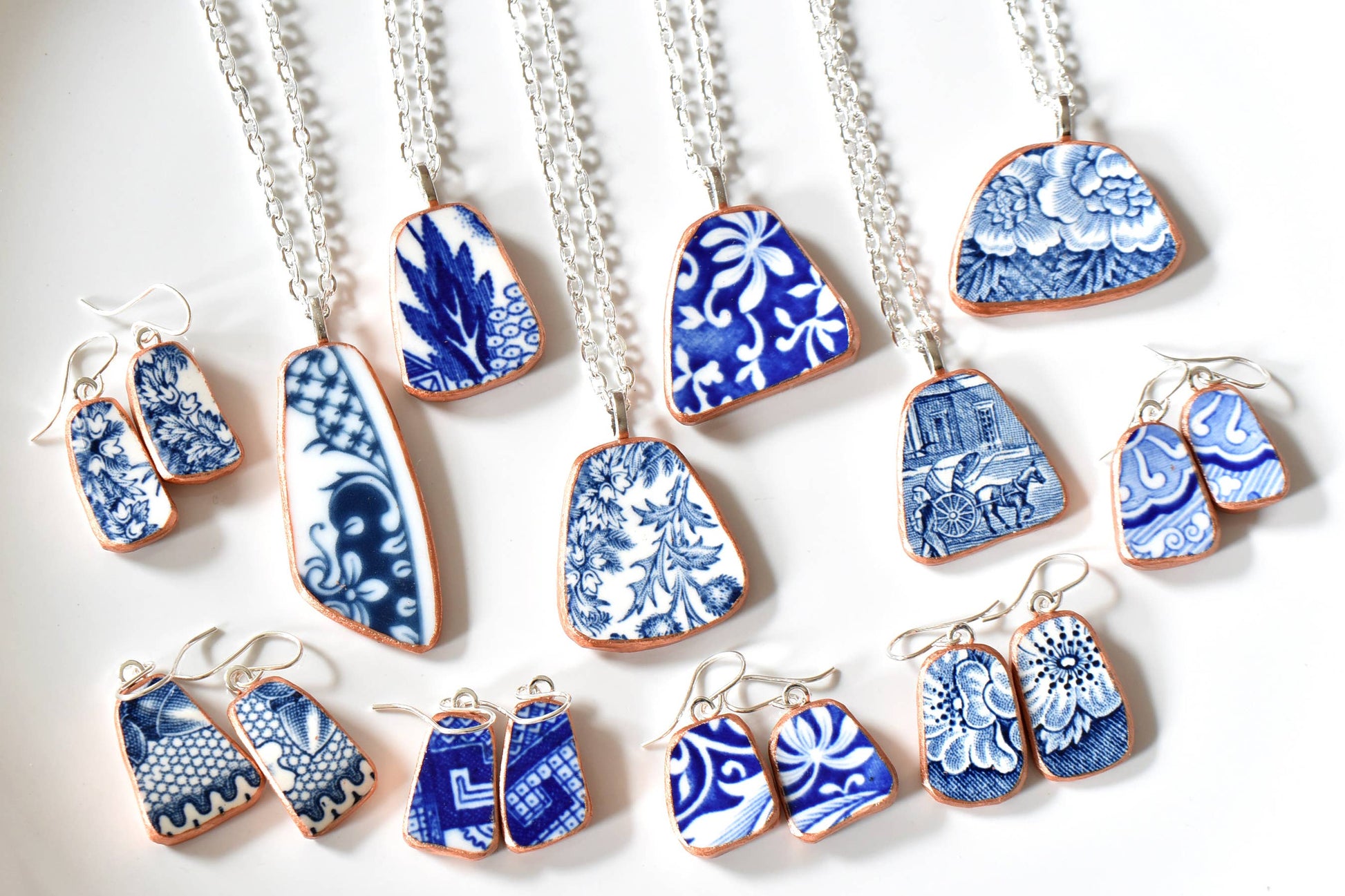 The Broken Plate Pendant Co - Broken Plate Dangle Earring  - Shard Shape: Blue and White Only / White Edge (no paint) - PMA Store at the Portland Museum of Art, Maine