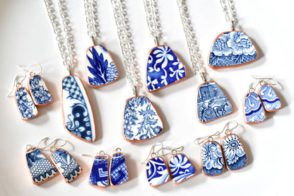 The Broken Plate Pendant Co - Broken Plate Dangle Earring  - Shard Shape: Blue and White Only / White Edge (no paint) - PMA Store at the Portland Museum of Art, Maine