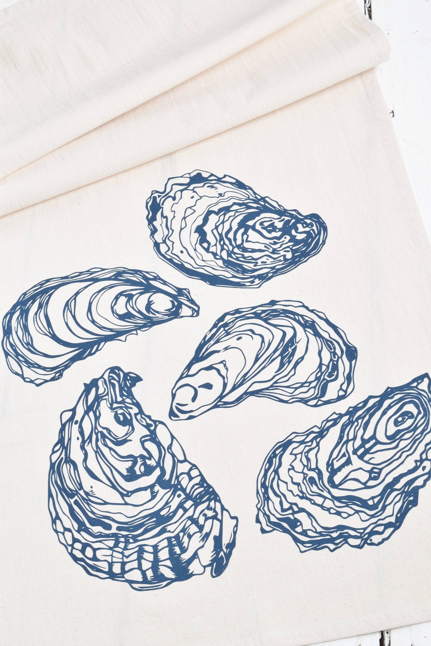 Hearth and Harrow - Oyster Tea Towel in Navy Blue - Organic Cotton - Sea Shell - PMA Store at the Portland Museum of Art, Maine