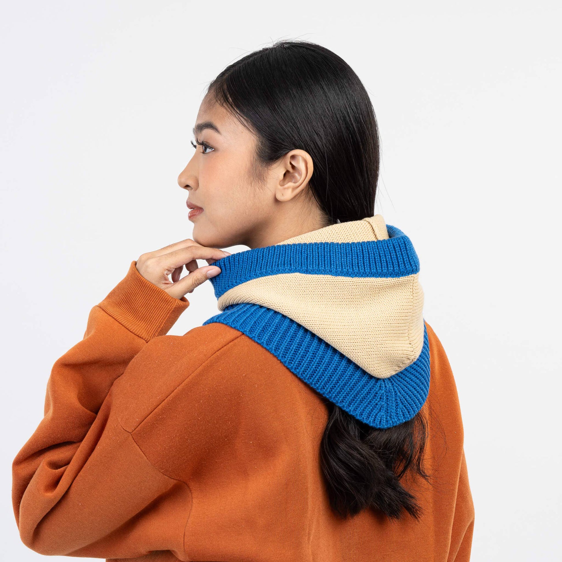 VERLOOP | knits - Colorblock Knit Hood: Cobalt Sand - PMA Store at the Portland Museum of Art, Maine