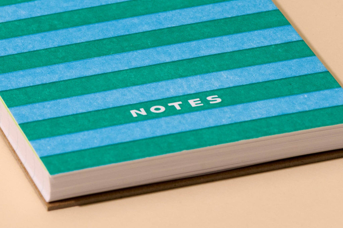 And Here We Are - Letterpress Small Spiral Notebook (Lined)—Blue/Green Stripe