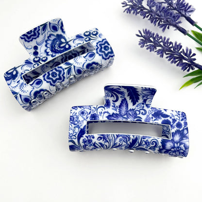 mildstyles - 🏺 Blue & White Porcelain Hair Claw – Cutout Rectangle Clip: A