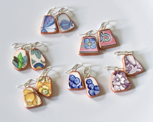 Broken Plate Dangle Earring  - Shard Shape: Mixed Patterns / White Edge (no paint) - PMA Store at the Portland Museum of Art, Maine