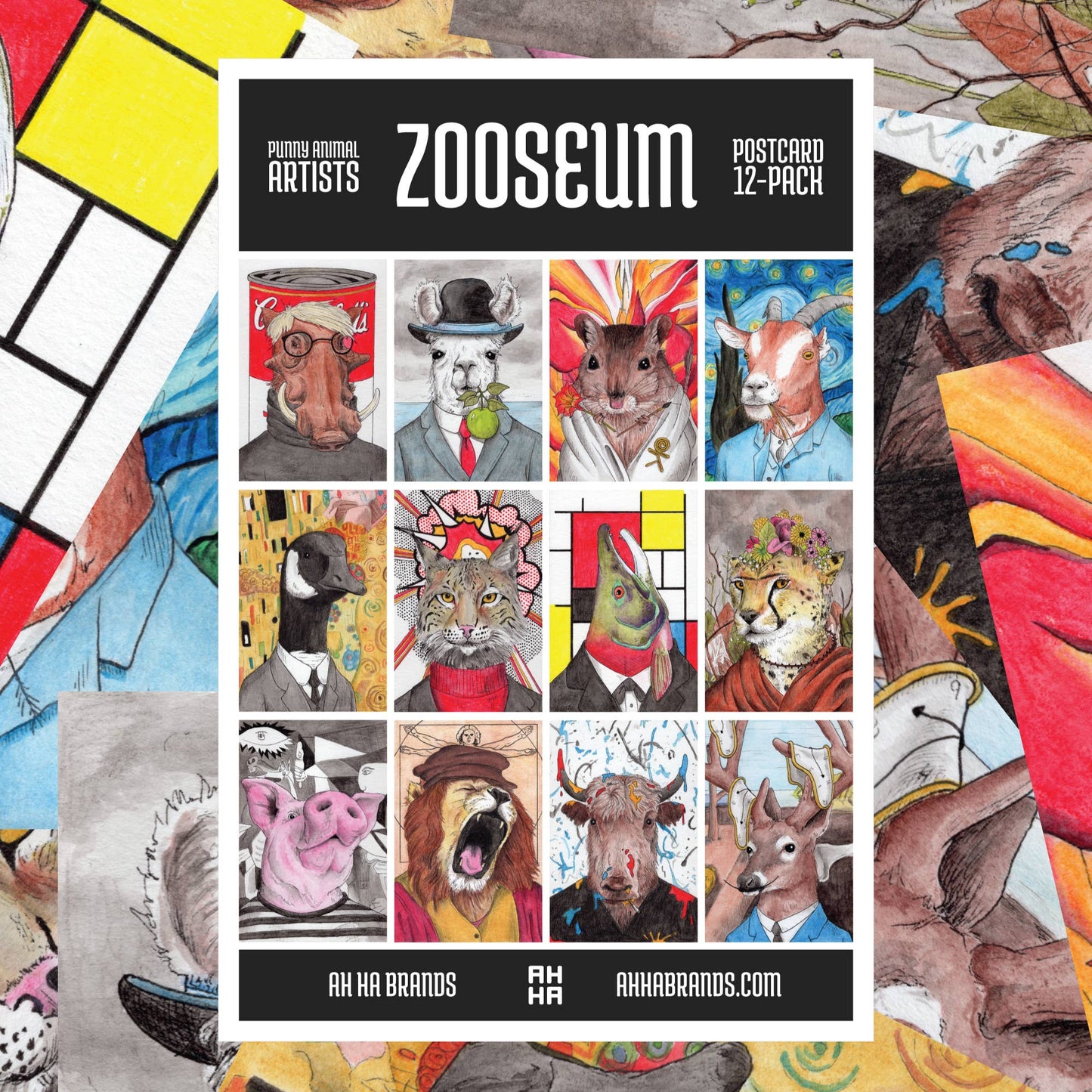 Ah Ha Brands - Zooseum Punny Animal Artist Postcard 12-Pack