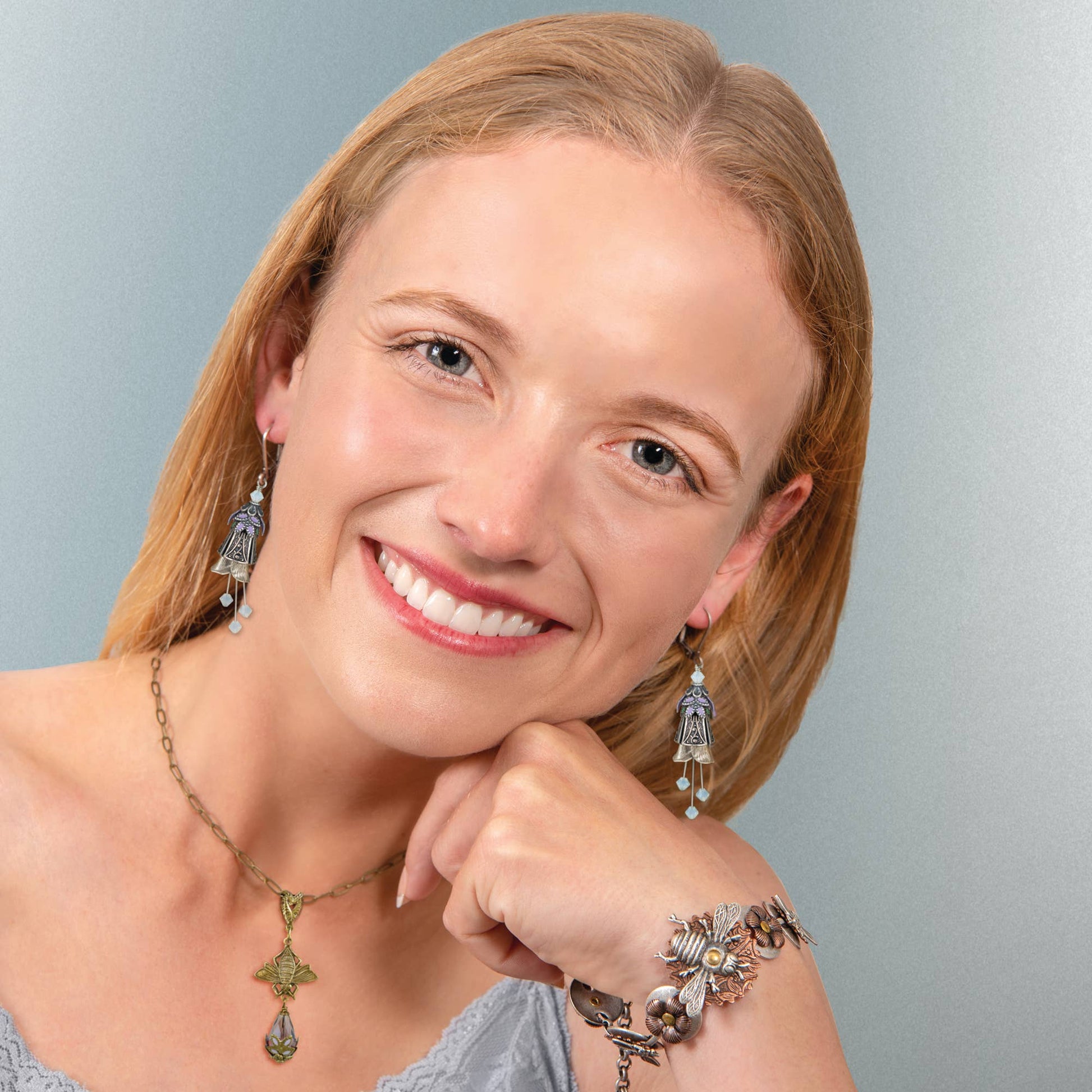 NoMonet - Flower Fairy: Painted Whimsical Celtic Earrings w Crystals: Gold/Pink/Blue - PMA Store at the Portland Museum of Art, Maine