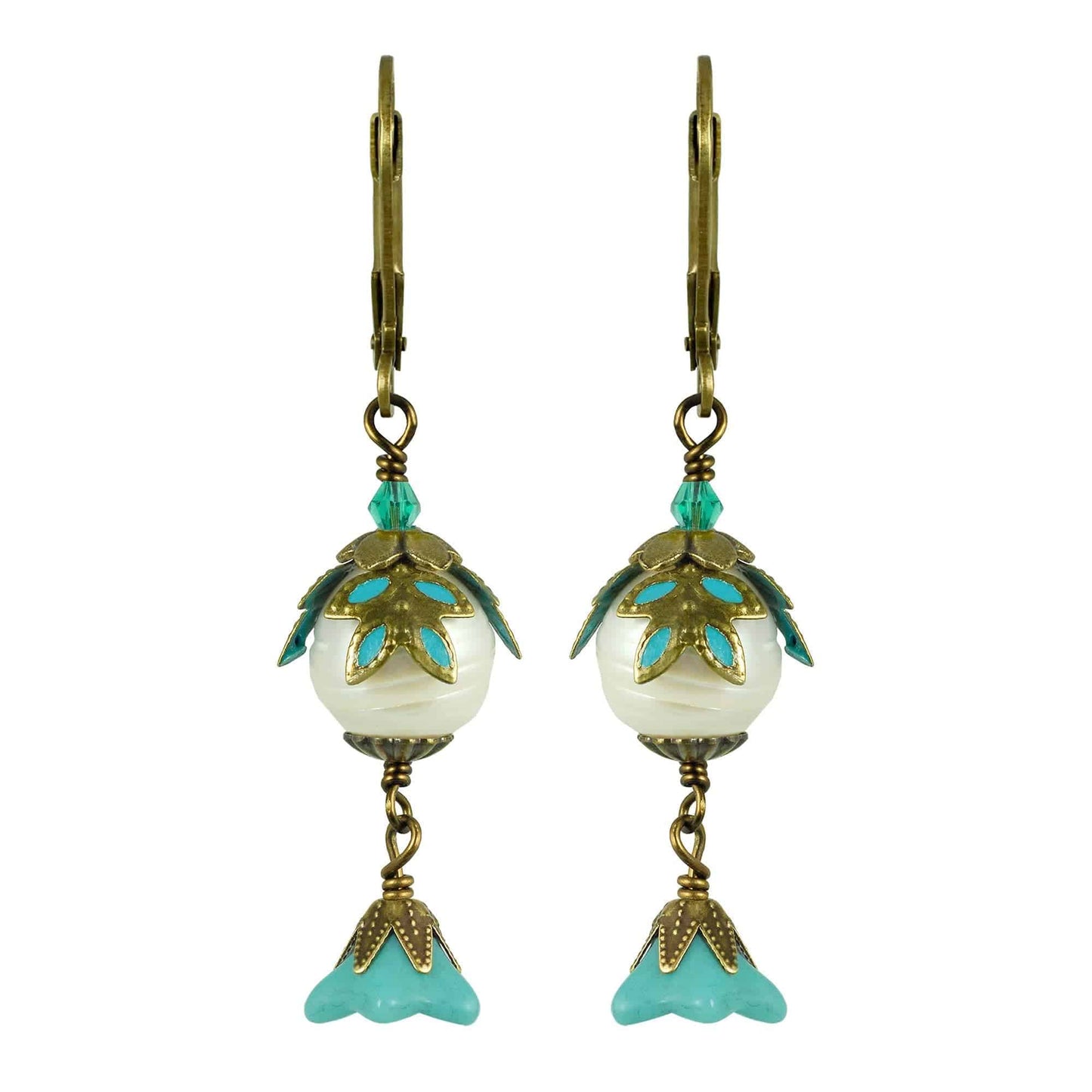 NoMonet - Fairyland: Pearl & Flower Crystal Hand-Painted Drop Earrings: Gold And Turquoise - PMA Store at the Portland Museum of Art, Maine