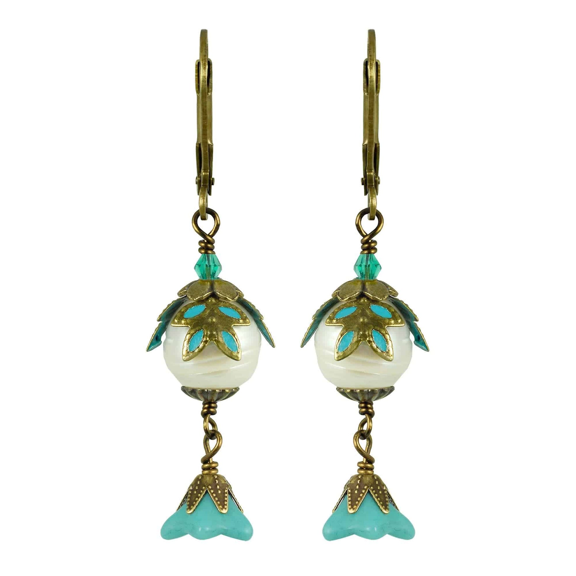 NoMonet - Fairyland: Pearl & Flower Crystal Hand-Painted Drop Earrings: Gold And Turquoise - PMA Store at the Portland Museum of Art, Maine