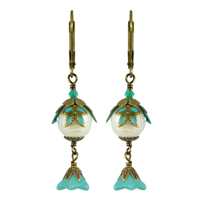 NoMonet - Fairyland: Pearl & Flower Crystal Hand-Painted Drop Earrings: Gold And Turquoise - PMA Store at the Portland Museum of Art, Maine