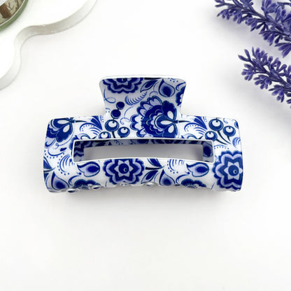 mildstyles - 🏺 Blue & White Porcelain Hair Claw – Cutout Rectangle Clip: B