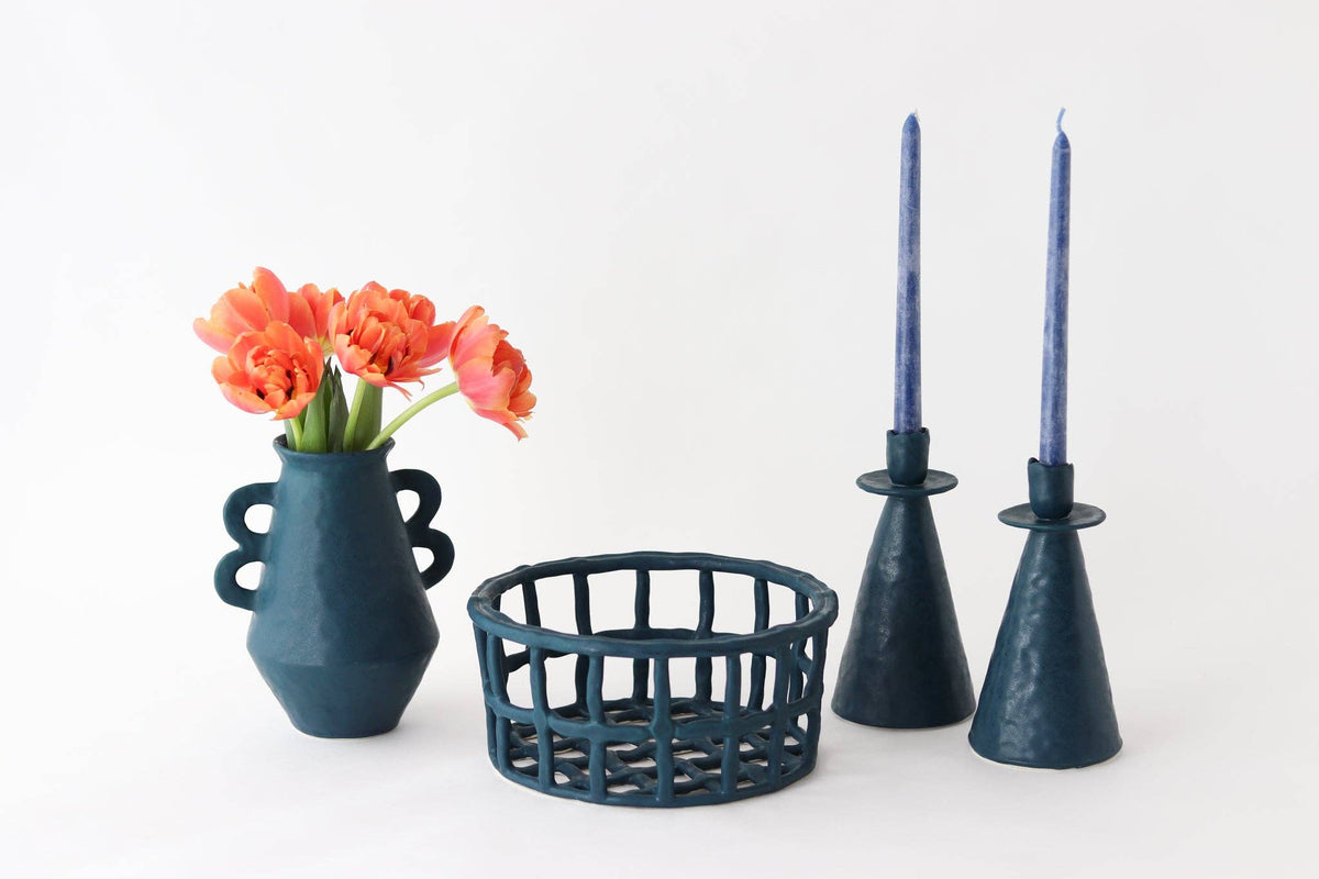 Elizabeth Benotti Ceramics - Everyday Pinched Candlestick Holder: Striped / Tall - PMA Store at the Portland Museum of Art, Maine