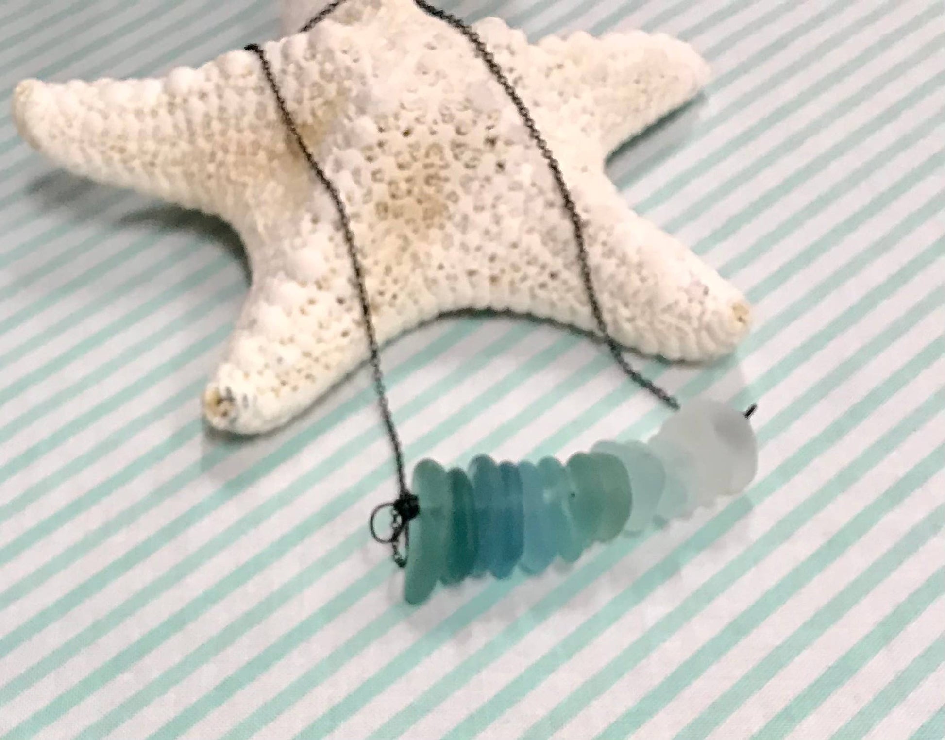 Cyn Elizabeth Studios - The Sea Bar- Sea Glass Statement Necklace: Carded on white cardstock - PMA Store at the Portland Museum of Art, Maine