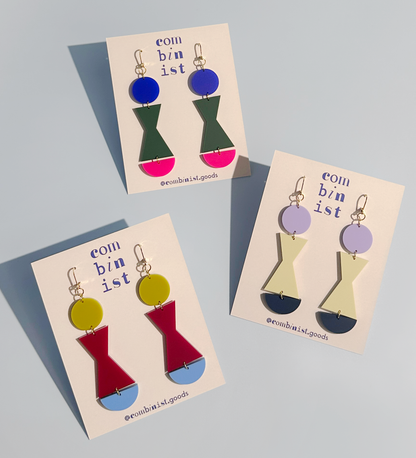Combinist Goods - Abstract Shape Dangle Earrings: Frost Cobalt Blue + Dark Green + Hot Pink / Gold