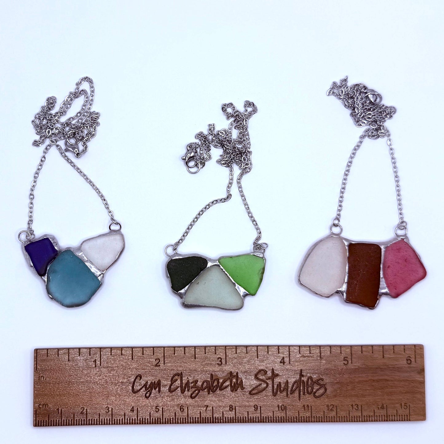 Cyn Elizabeth Studios - Shoreline Souvenir Sea Glass Necklace: Carded on white cardstock - PMA Store at the Portland Museum of Art, Maine