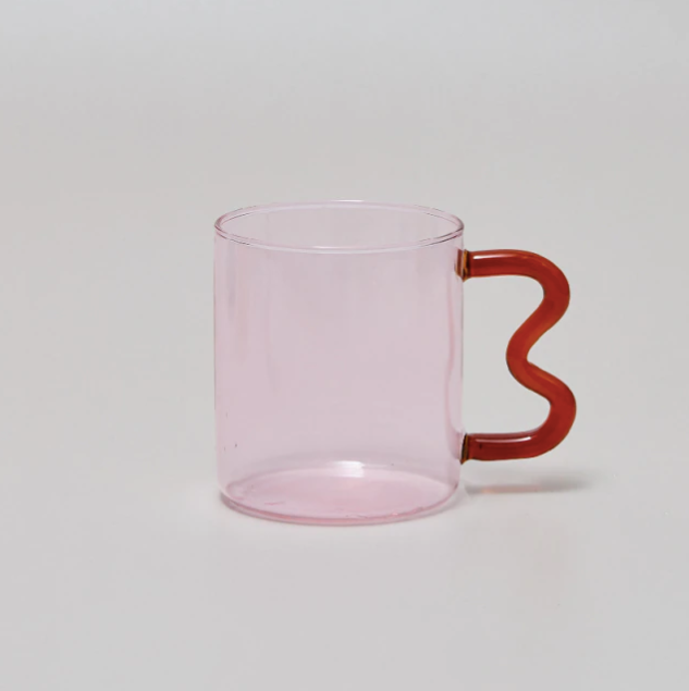 IVORE.GROUP (We cover All Import duty) - Colorful Ear Glass Mug: Amber with Pink Handle - PMA Store at the Portland Museum of Art, Maine