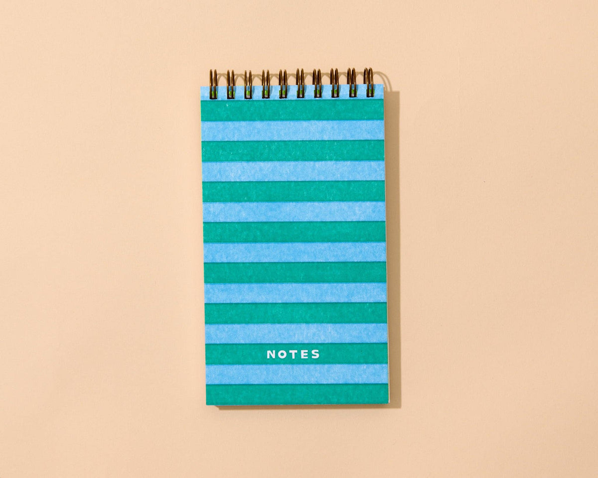 And Here We Are - Letterpress Small Spiral Notebook (Lined)—Blue/Green Stripe