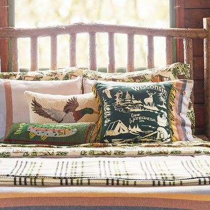 Peking Handicraft - CAMP WANDAWEGA TROUT HOOK PILLOW - Camp W - PMA Store at the Portland Museum of Art, Maine