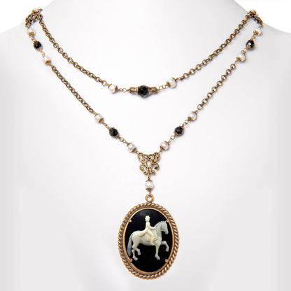 NoMonet - Dedicated Equestrian: Elegant Dressage Cameo Necklace: Antique Golden Brass - PMA Store at the Portland Museum of Art, Maine