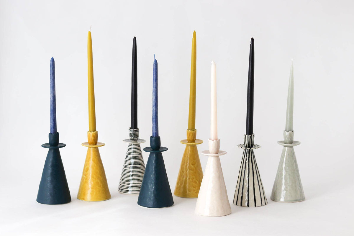 Elizabeth Benotti Ceramics - Everyday Pinched Candlestick Holder: Striped / Short - PMA Store at the Portland Museum of Art, Maine