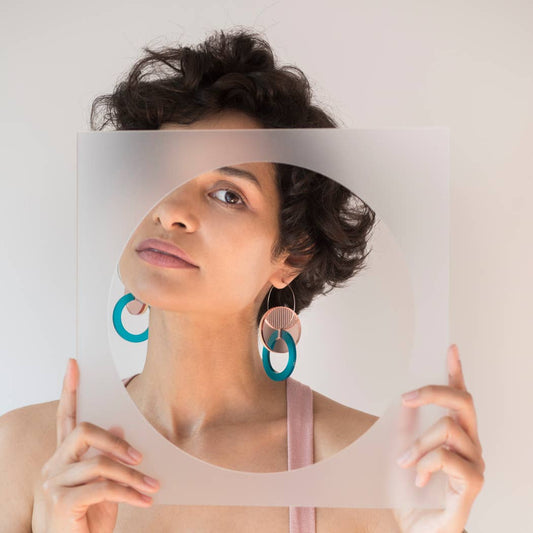 Primario Earrings - Reversible: Gold Mirror and Beige, translucent Olive - PMA Store at the Portland Museum of Art, Maine
