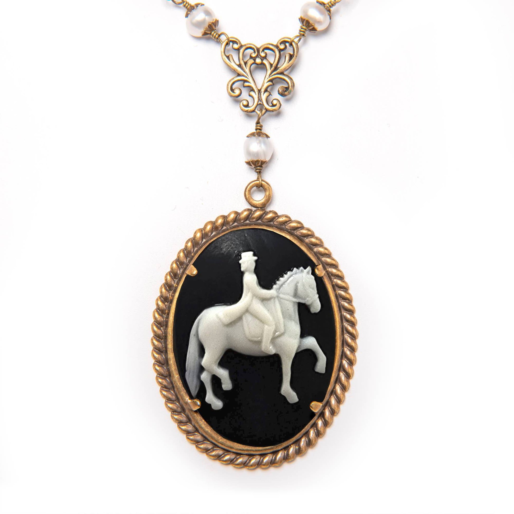 NoMonet - Dedicated Equestrian: Elegant Dressage Cameo Necklace: Antique Golden Brass - PMA Store at the Portland Museum of Art, Maine