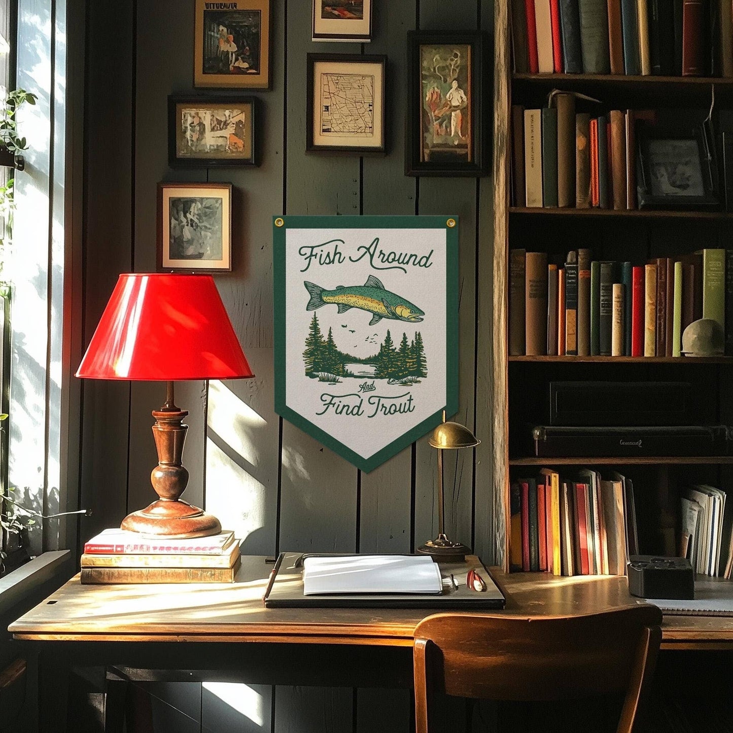 Benoit's Design Co. - Fish Around And Find Trout Felt Camp Flag - PMA Store at the Portland Museum of Art, Maine