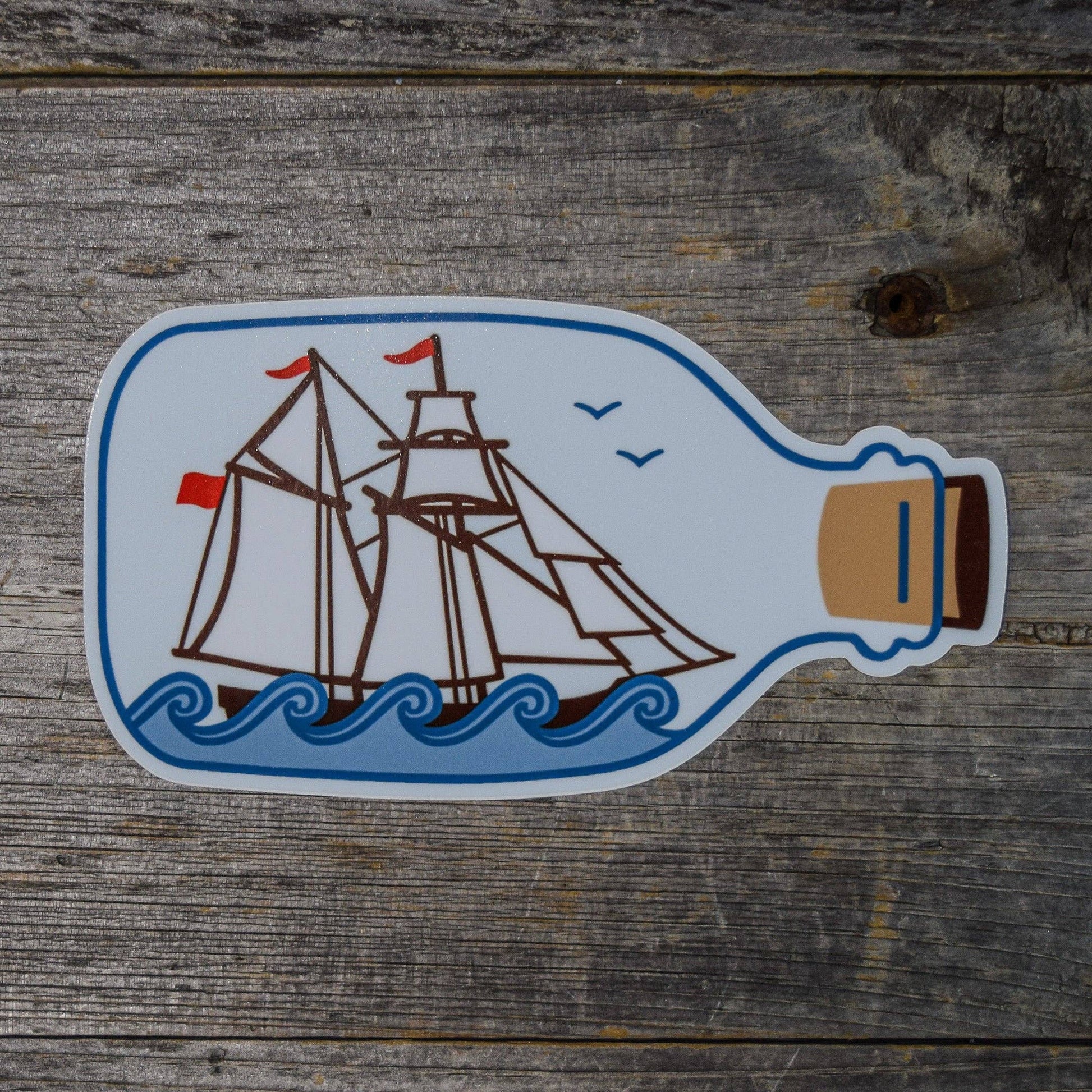 Quiet Tide Goods - Ship in a Bottle Vinyl Sticker - PMA Store at the Portland Museum of Art, Maine