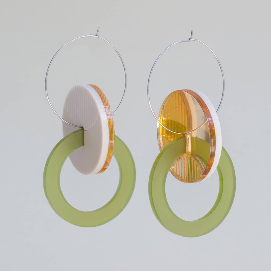 Primario Earrings - Reversible: Gold Mirror and Beige, translucent Olive - PMA Store at the Portland Museum of Art, Maine