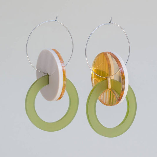 Primario Earrings - Reversible: Gold Mirror and Beige, translucent Olive - PMA Store at the Portland Museum of Art, Maine