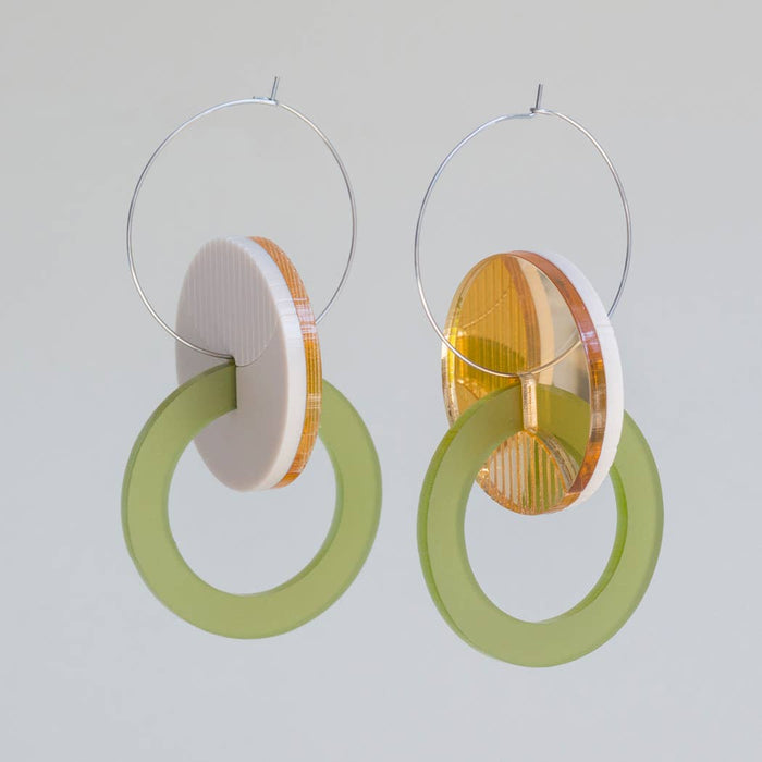 Primario Earrings - Reversible: Gold Mirror and Beige, translucent Olive