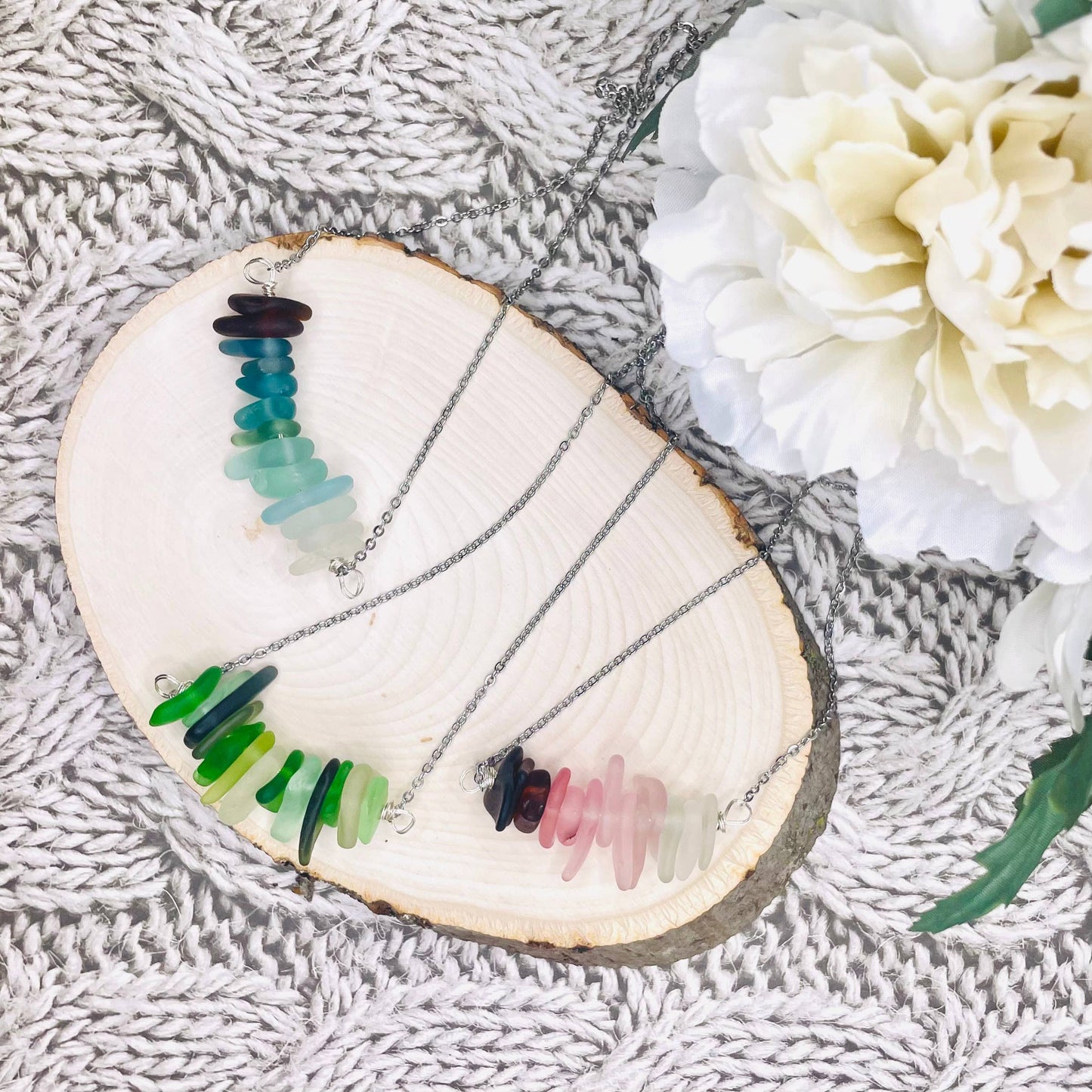 Cyn Elizabeth Studios - The Sea Bar- Sea Glass Statement Necklace: Carded on white cardstock - PMA Store at the Portland Museum of Art, Maine