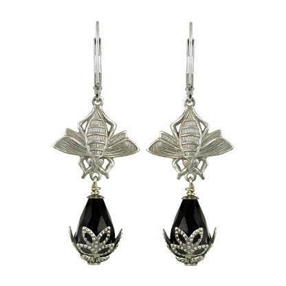 NoMonet - Fairyland: Bee Pollenating a Rosebud Hand Painted Earrings : Gold And Champagne - PMA Store at the Portland Museum of Art, Maine