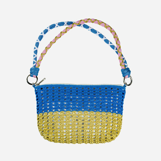 Colorblock Raffia Zip Bag: Golden Olive Cobalt - PMA Store at the Portland Museum of Art, Maine